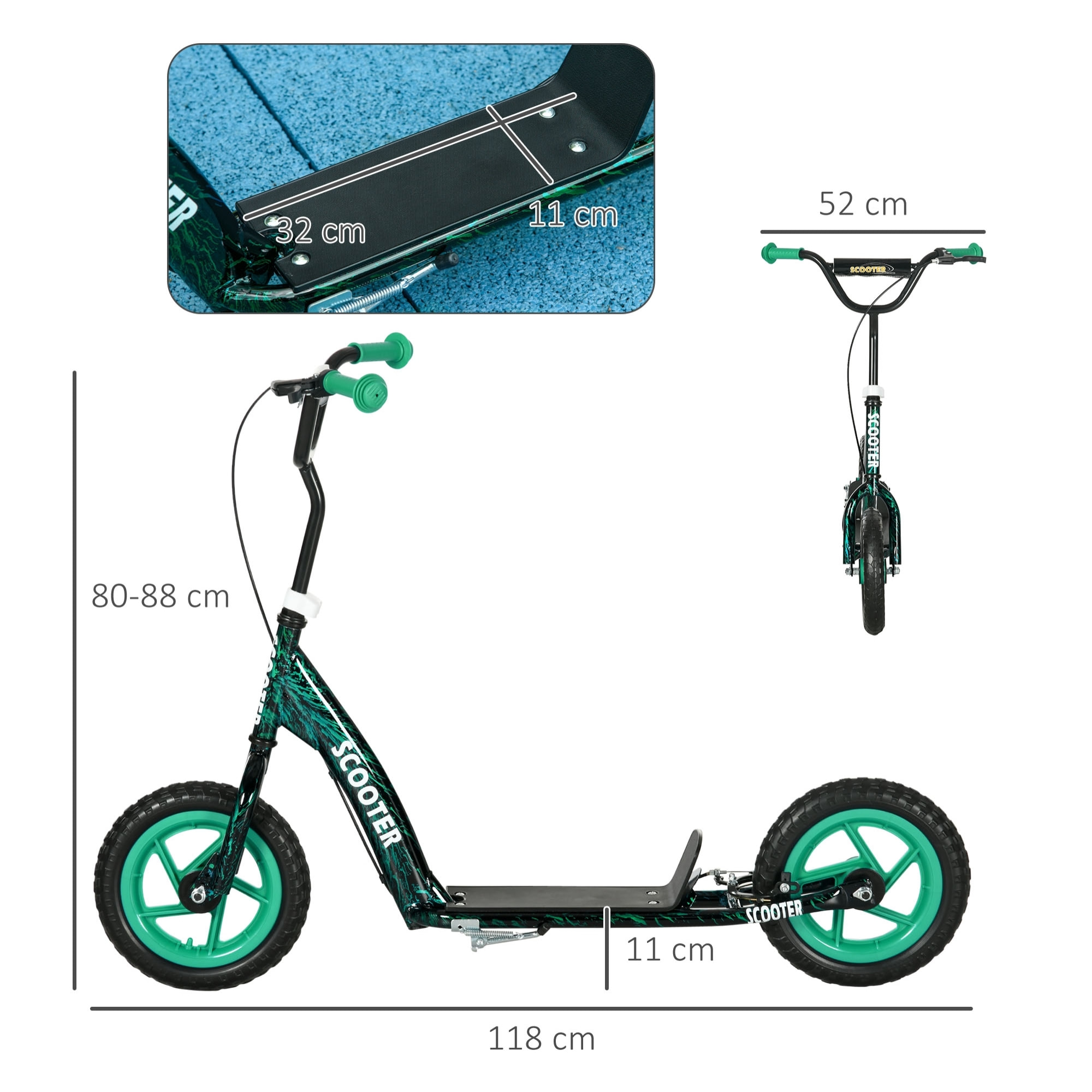 Trottinette patinette enfant à partir de 6 ans roues 30 cm guidon réglable poignée frein et béquille acier vert