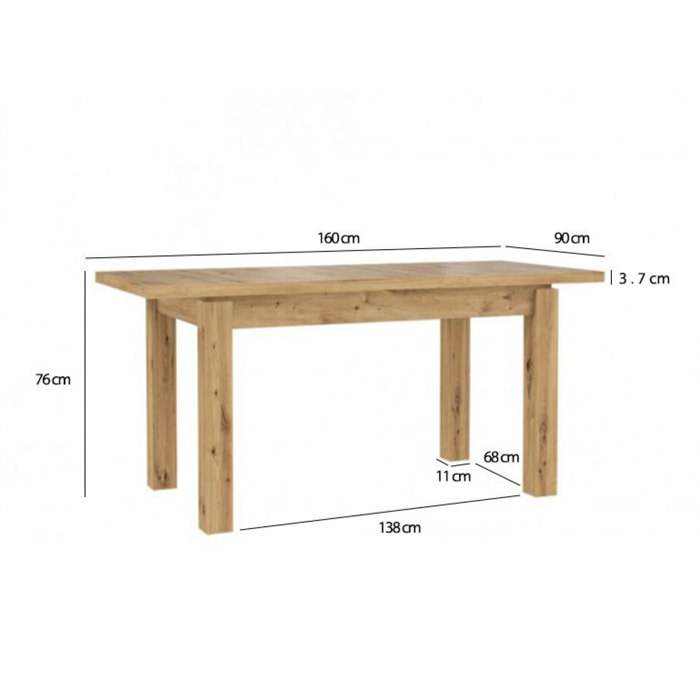 Table de repas extensible finition bois de chêne 160/207 cm - IBIZA