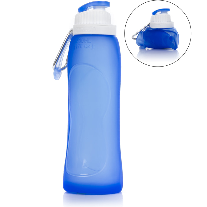 Bottiglia pieghevole rotolabile da 500ml, in silicone di grado alimentare. Con moschettone.