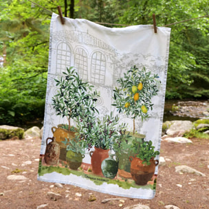Torchon lin & coton lavé 190 g/m² imprimé vert marron Jardin provencal olive