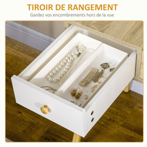 Coiffeuse avec tabouret style scandinave - 2 tiroirs, compartiment porte miroir -  panneaux aspect chêne clair blanc