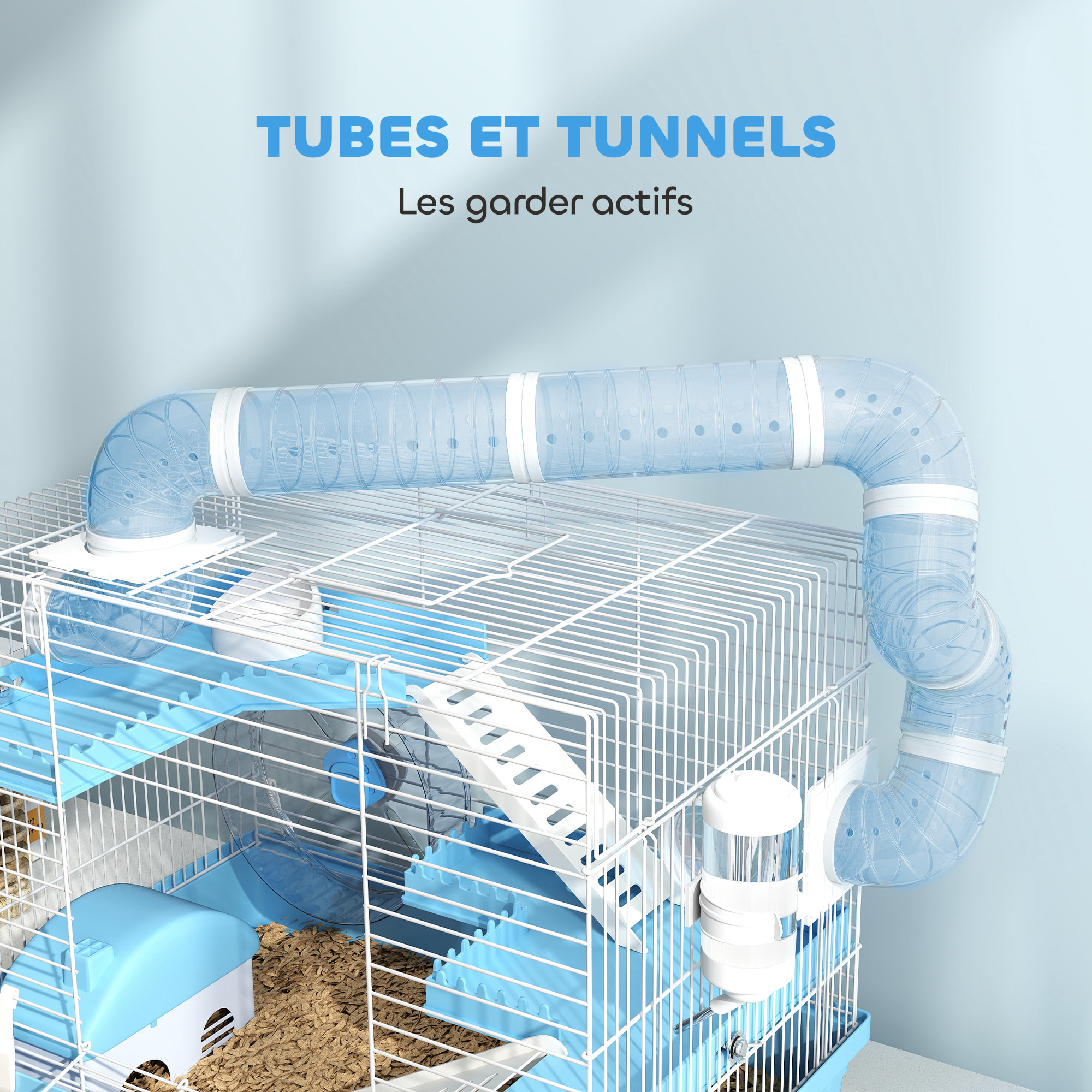 Cage pour hamster portable 2 portes 2 étages nombreux accessoires et tubes blanc bleu