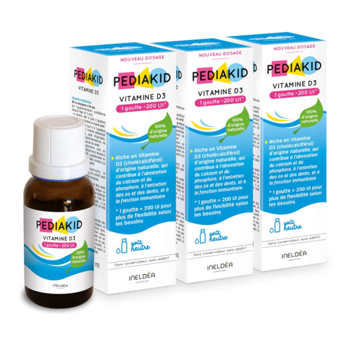 PEDIAKID - Vitamine D3 - 100% d'origine naturelle - Renforcement des défenses naturelles - Dès la naissance - Couvre 200% des apports journaliers recommandés - Lot de 3 produits