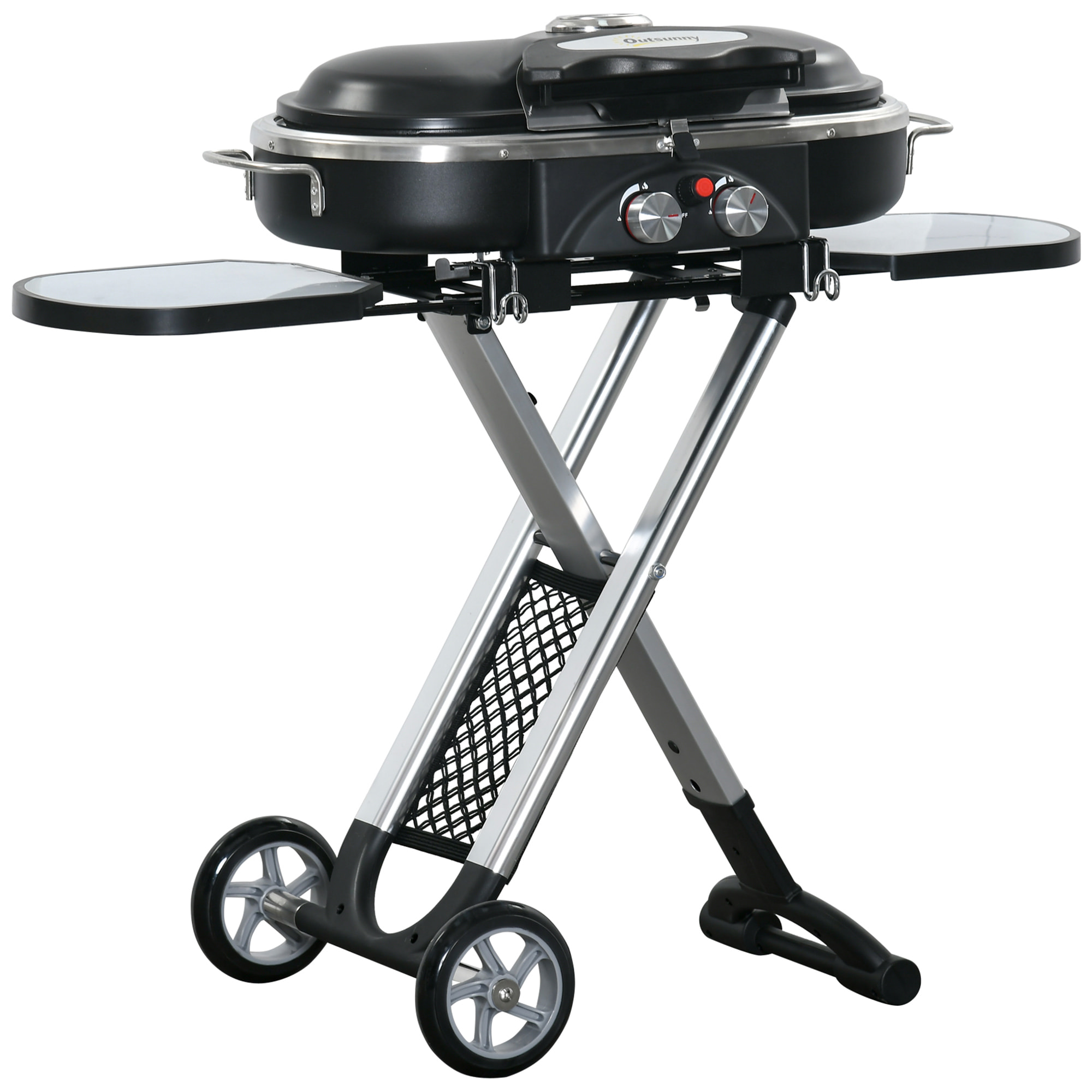 Barbacoa de Gas Plegable con 2 Quemadores 2,34 KW BBQ de Gas con 2 Ruedas 2 Parrillas Metálicas y 2 Mesas Laterales para Pícnic Camping 100x41,6x82,5 cm Negro