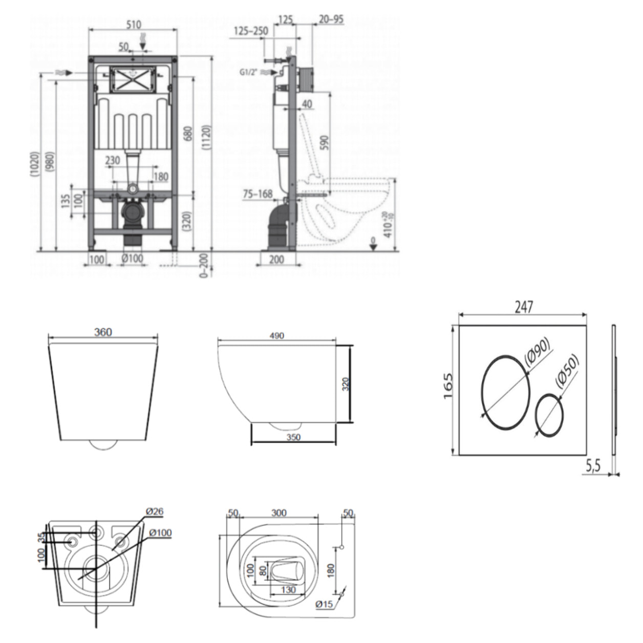 Pack WC bâti-support autoportant + WC sans bride Ceramia PixL avec abattant SoftClose + plaque noir (STCEPXWT01-U)