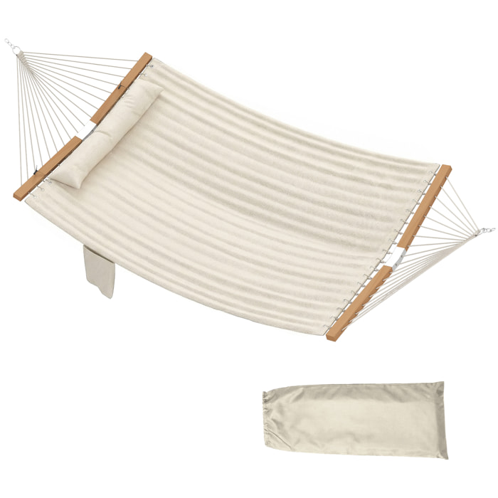 Hamaca Acolchada, Hamaca de Jardín Portátil con Almohada Desmontable, Bolsillo para Revistas, Barras Curvadas de Madera, Carga 200 kg, para Patio, Terraza, 325x140 cm, Crema