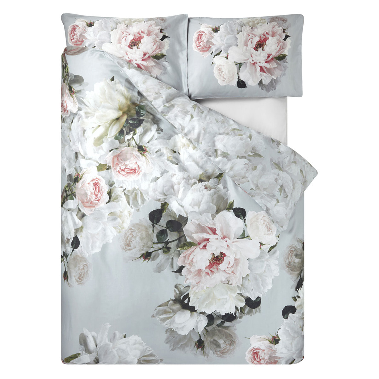 Housse de couette imprimée en satin de coton, PEONIA GRANDE, Gris
