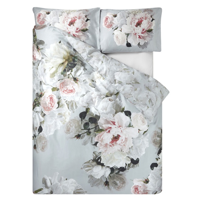 Housse de couette imprimée en satin de coton, PEONIA GRANDE, Gris