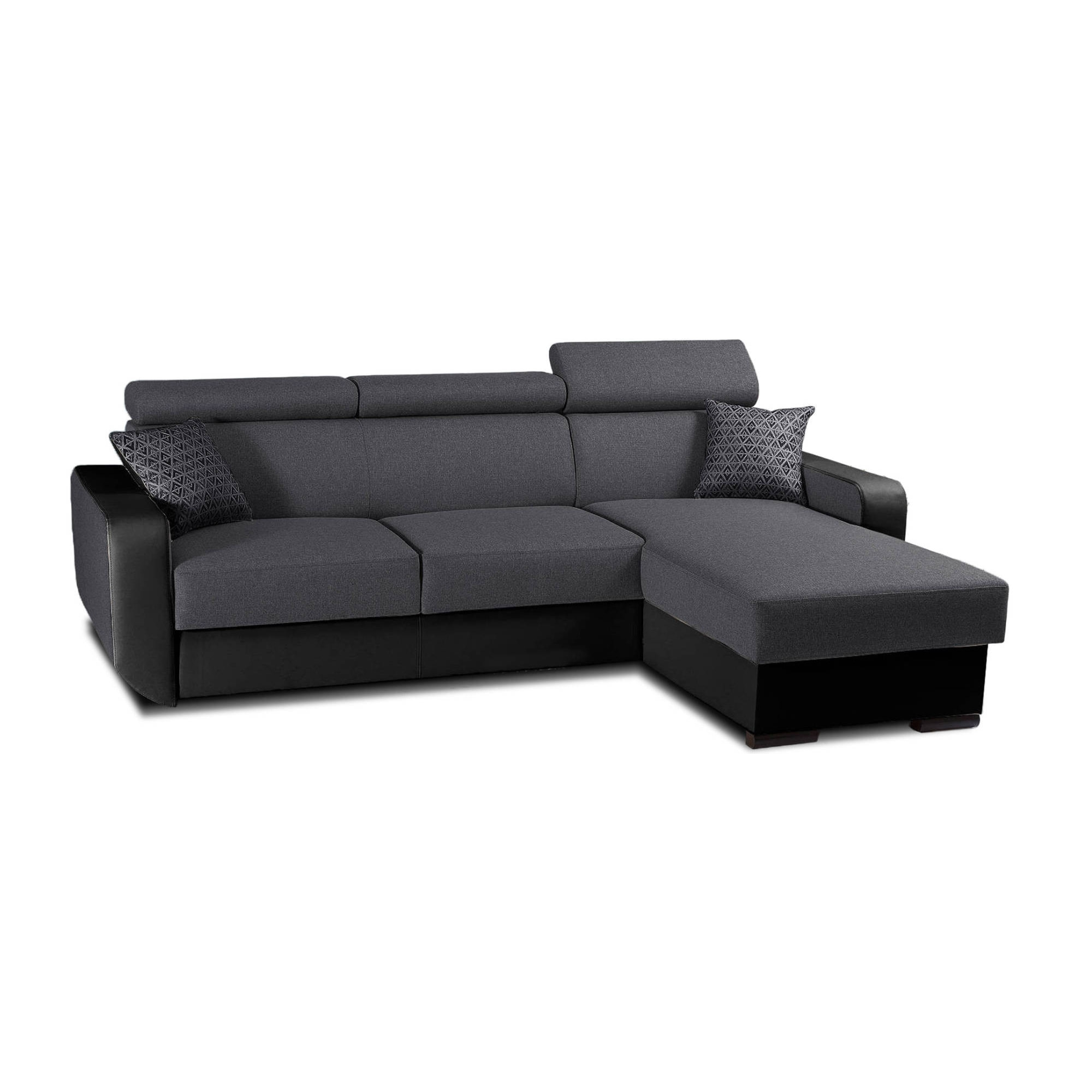 Dustin - Canapé d'angle réversible - 4 places - Convertible avec coffre - Têtières réglables - Noir / Gris