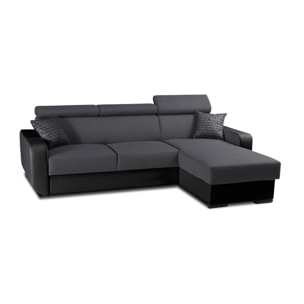 Dustin - Canapé d'angle réversible - 4 places - Convertible avec coffre - Têtières réglables - Noir / Gris