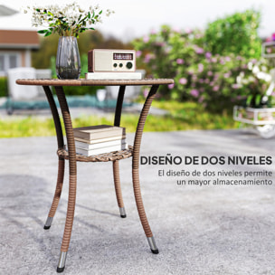 Mesa de Ratán Redonda Ø64x71 cm Mesa de Jardín con Estante Marco de Acero y Tablero de Vidrio Carga 50 kg para Terraza Patio Marrón