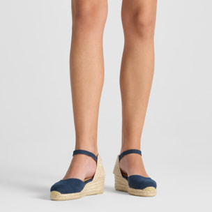 Alpargata con cuña 3 cm en lona de algodón con talonera trenzada y pulsera con hebilla