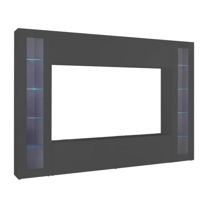 Parete attrezzata Giuliano, Set salotto porta TV a 4 ante, Mobile soggiorno multiuso con vetrina e luce LED, 100% Made in Italy, cm 260x30h180, Antracite