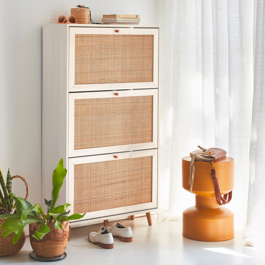 Meuble à chaussures décor bois et cannage 3 abattants  BOHÈME