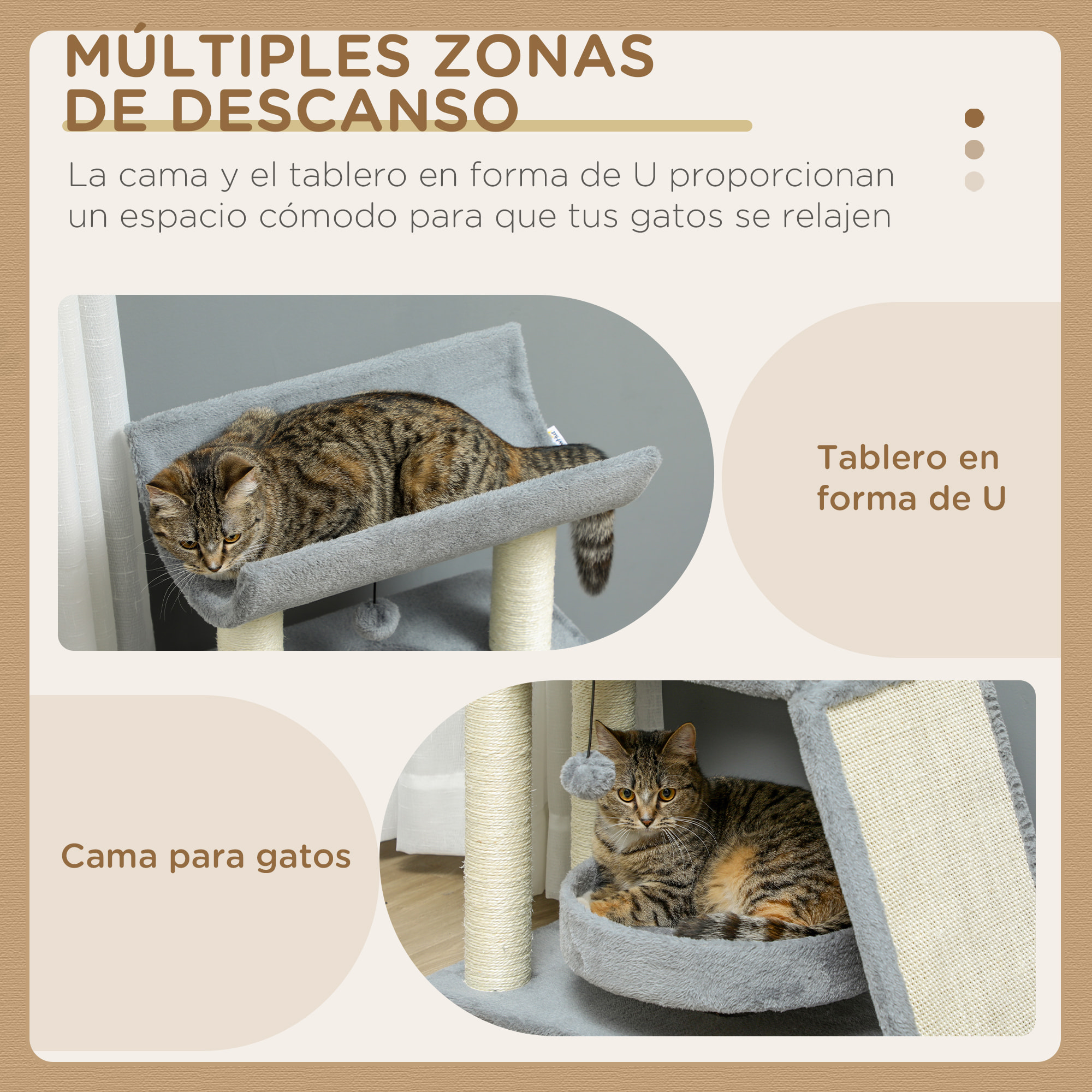 Rascador para Gatos Árbol para Gatos Altura 76 cm con 4 Postes Rascadores Nido Plataforma en U Almohadilla para Rascar Bolas Colgantes Gris Claro
