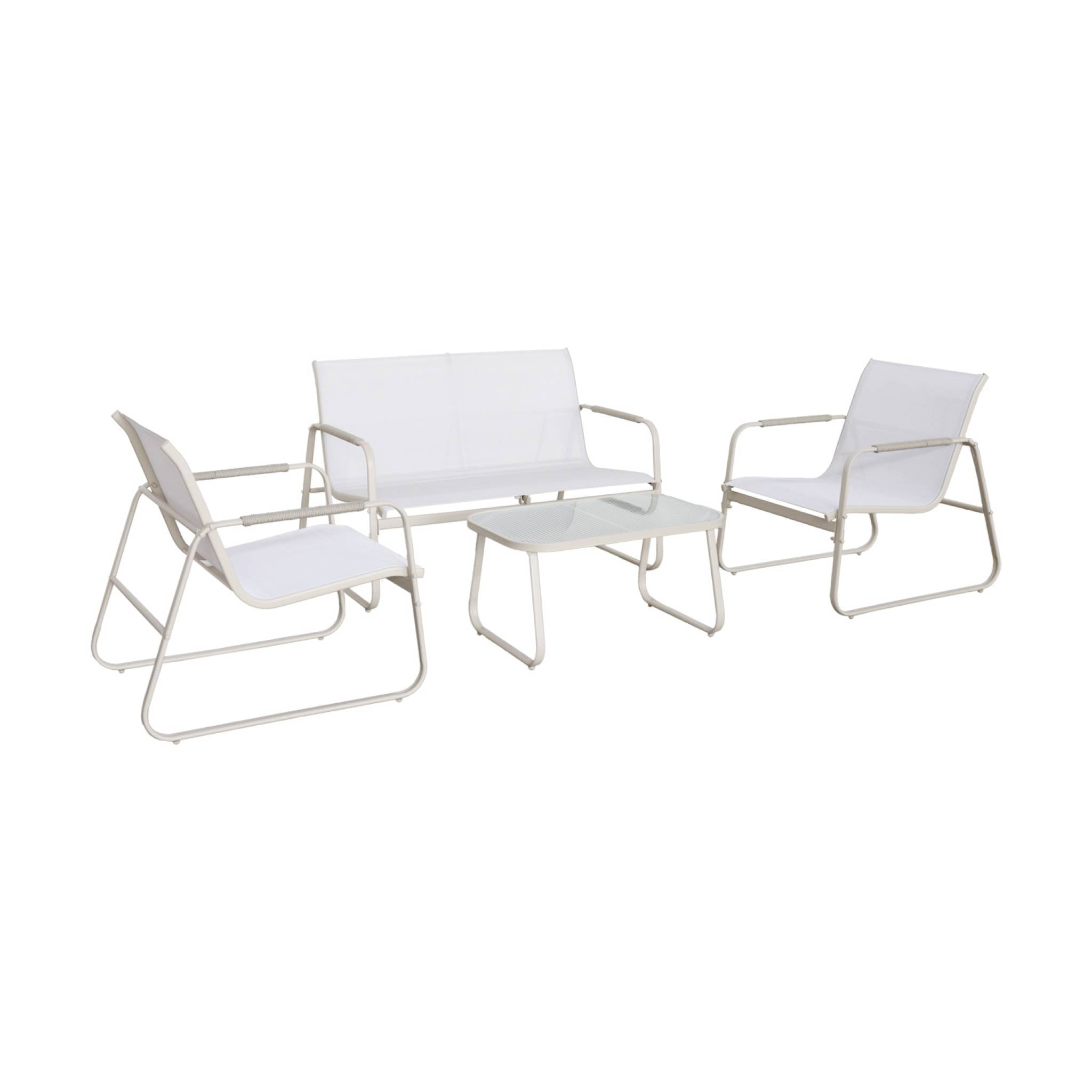 Salon de jardin blanc NOTO acier. 4 places. un canapé. une table. deux fauteuils textilene