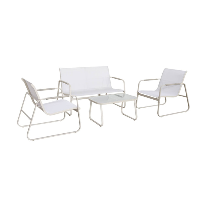 Salon de jardin blanc NOTO acier. 4 places. un canapé. une table. deux fauteuils textilene