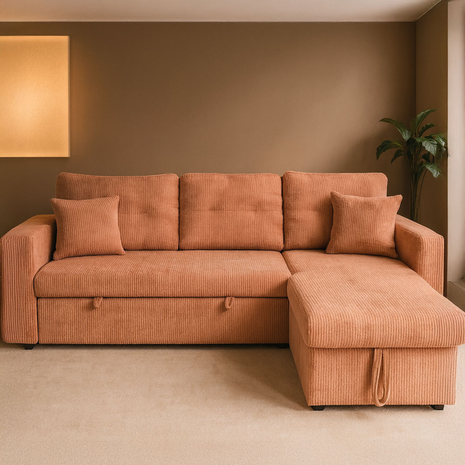 Canapé d'angle convertible 4 places avec coffre en velours côtelé terracotta SANDIEGO
