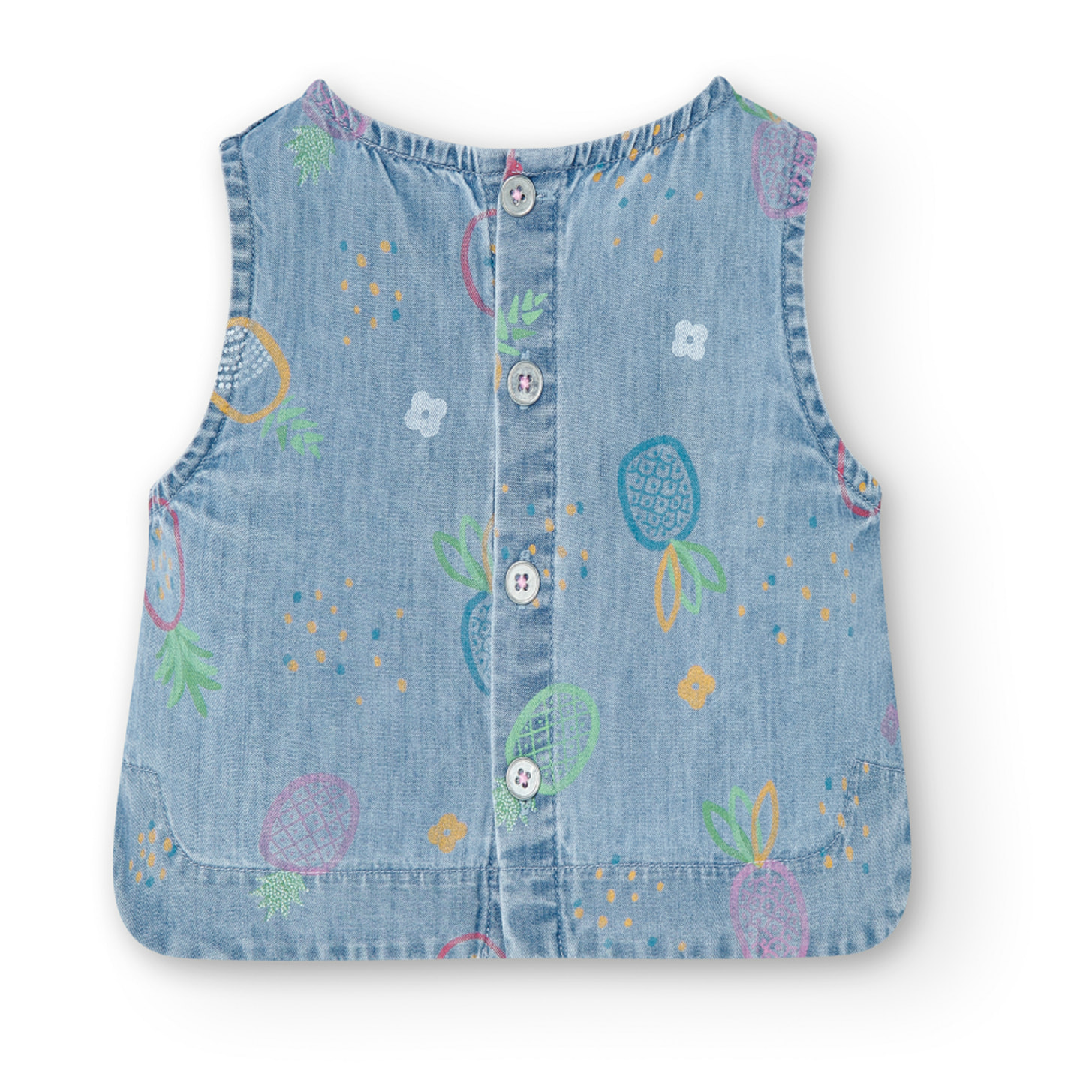 Top denim estampado niÃ±a, tirantes, cuello redondo, verde