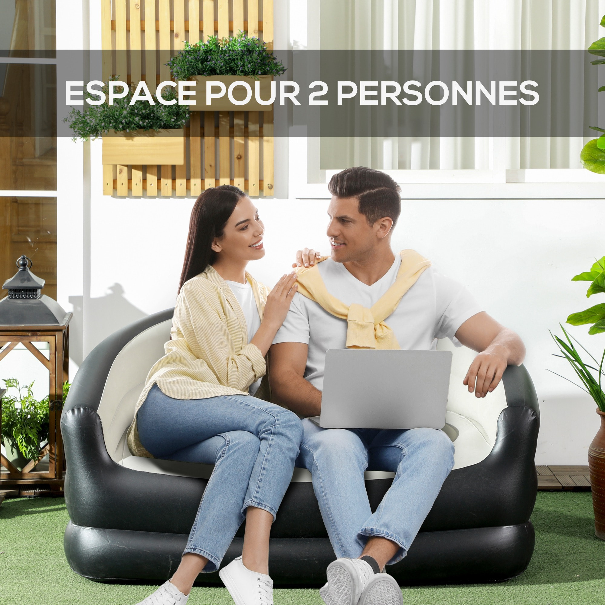 Canapé gonflable pour l'extérieur 2 places canapé d'air dim. 138L x 87l x 71H cm gris noir