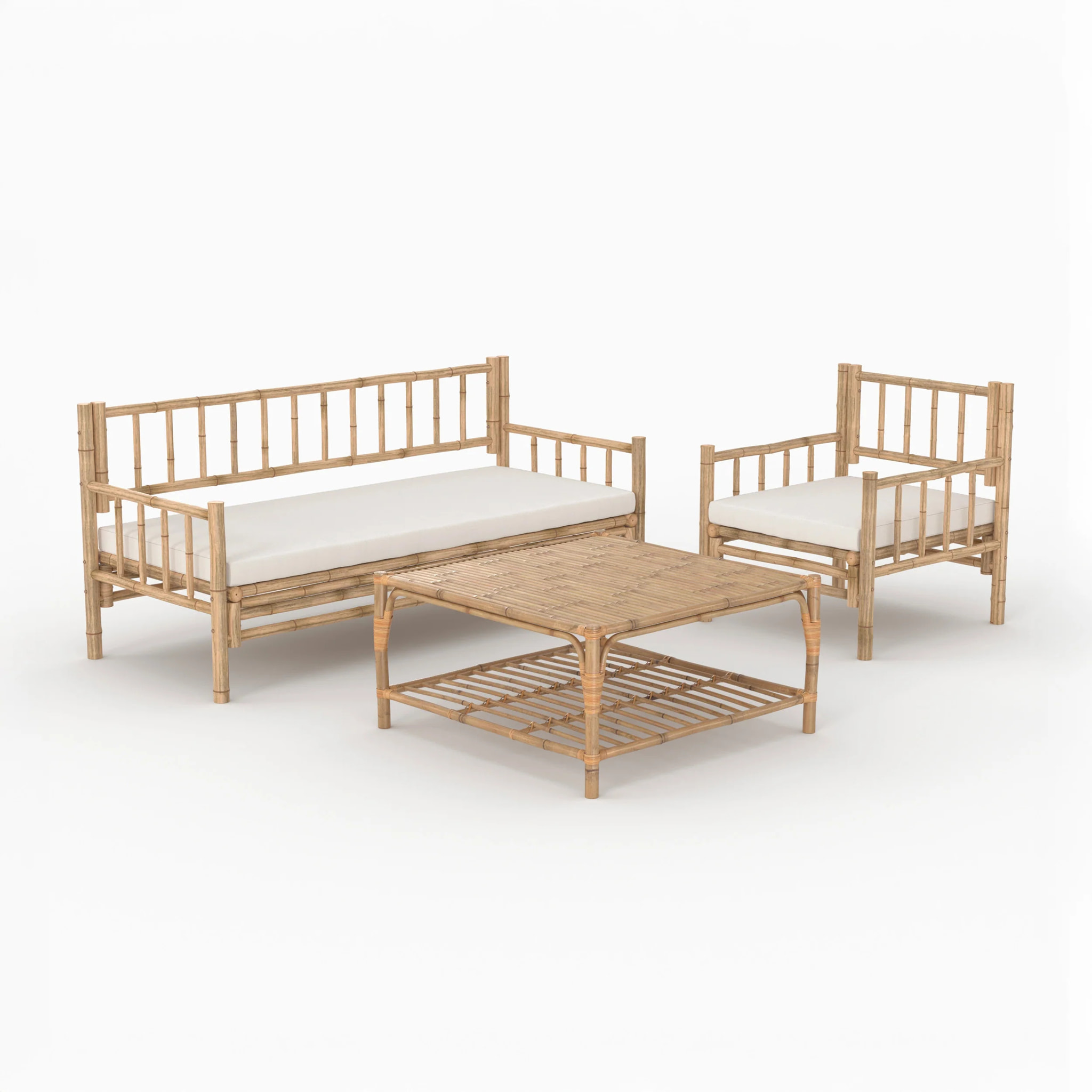 Salon de jardin 4 personnes en bambou, table basse carré - Vadella