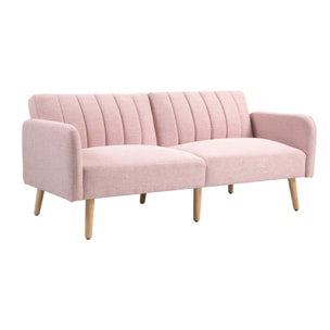 Canapé convertible 2 places design scandinave dossier inclinable 3 positions pieds bois tissu aspect lin rose