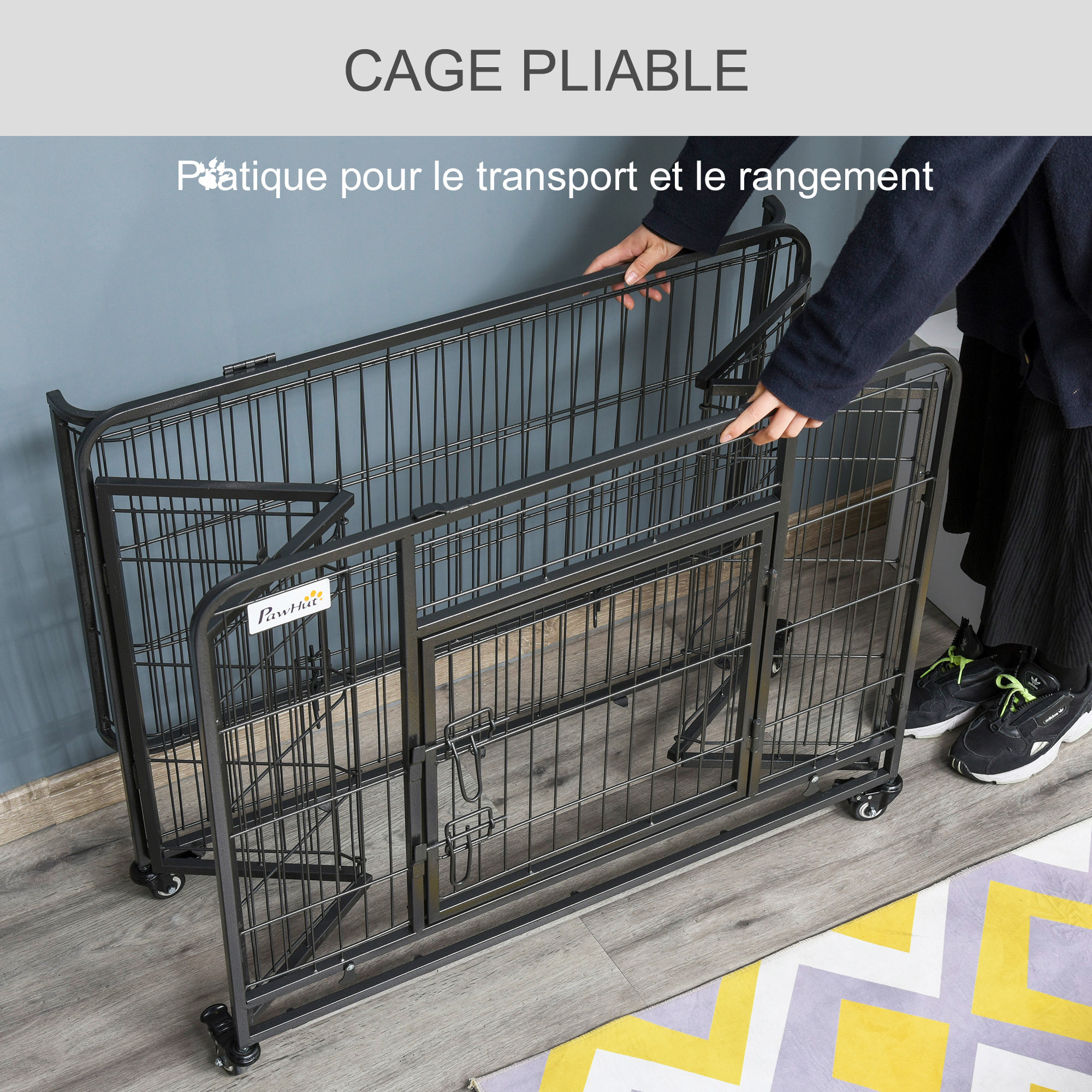 Cage pour chien pliable cage de transport sur roulettes 2 portes verrouillables plateau amovible dim. 109,5L x 71l x 78H cm métal gris noir