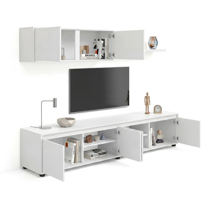 Salón con mueble de TV y estantería en blanco artik 200 cm Arlet Blanco Artik (Blanco Mate)