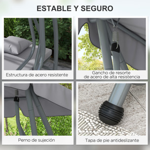 Balancín de Jardín Exterior de 3 Plazas Columpio de Jardín Exterior Convertible en Cama con Toldo Ajustable Soportes Laterales y 2 Almohadas Carga 340 kg 200x120x164 cm Gris