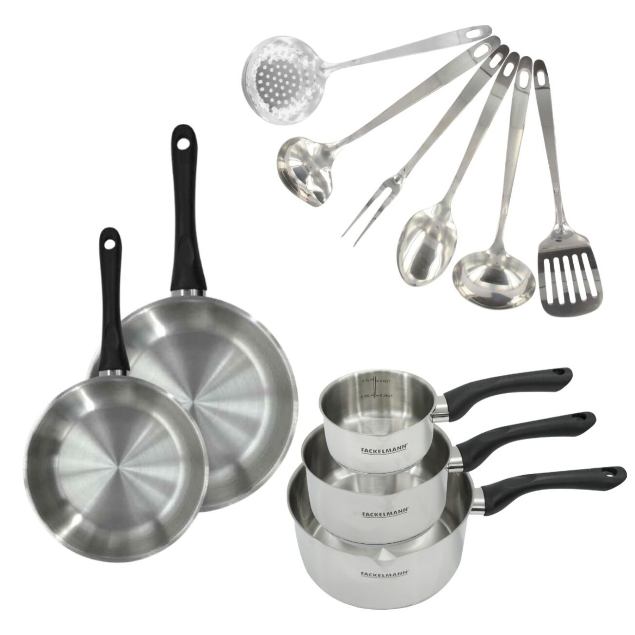 Set 2 poêles, 3 casseroles en inox et 6 ustensiles inox Fackelmann Geneva