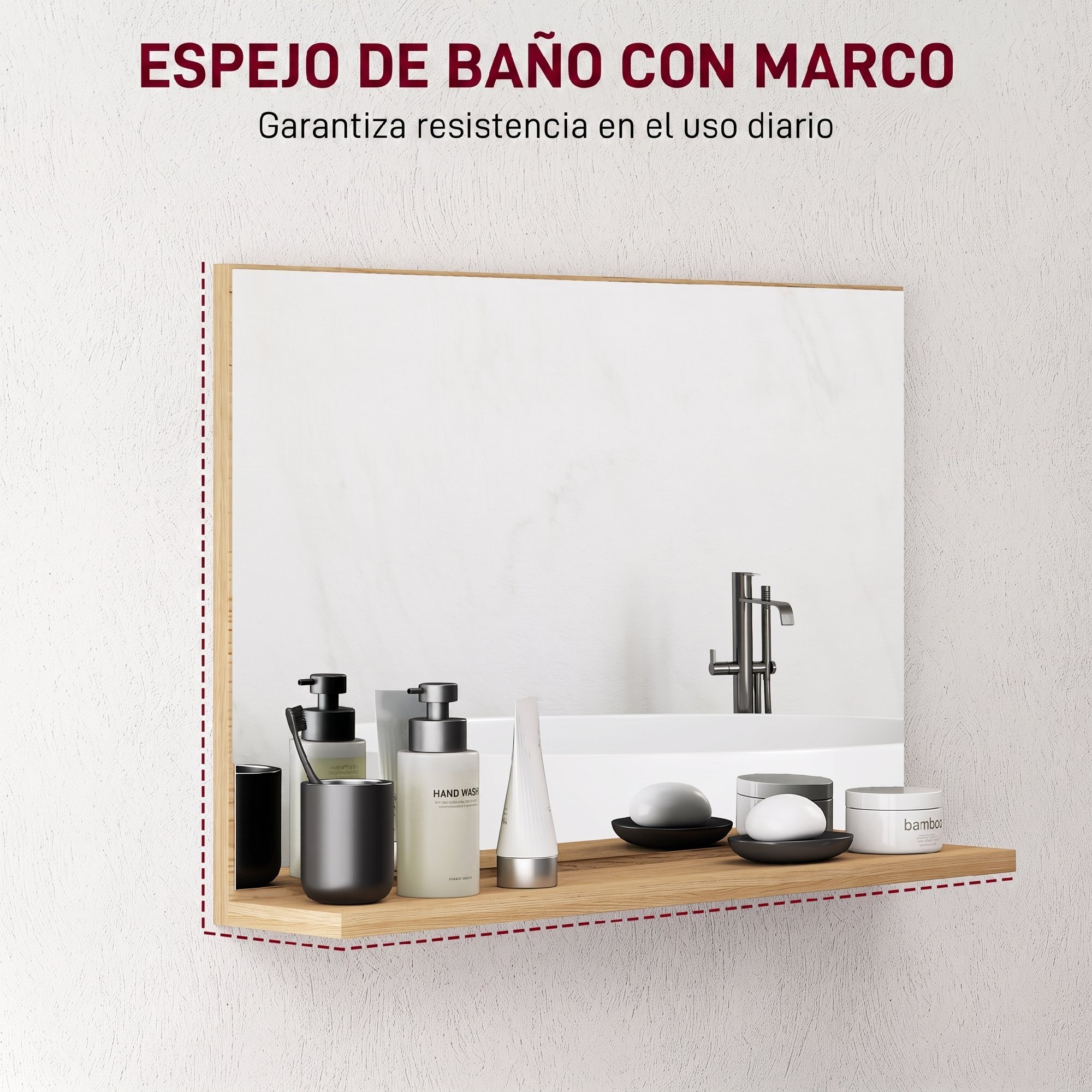 Espejo de Baño con Estante Abierto, Espejo de Pared, Estilo Moderno, para Entrada, Pasillo, 60x12x40 cm, Madera Natural