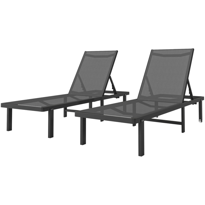 Pack de 2 Tumbonas de Jardín Exterior, Tumbonas Reclinables con Ruedas, Respaldo Ajustable de 4 Niveles, Estructura de Aluminio y Tela Textilene, Resistentes, para Playa, Piscina, Gris Oscuro