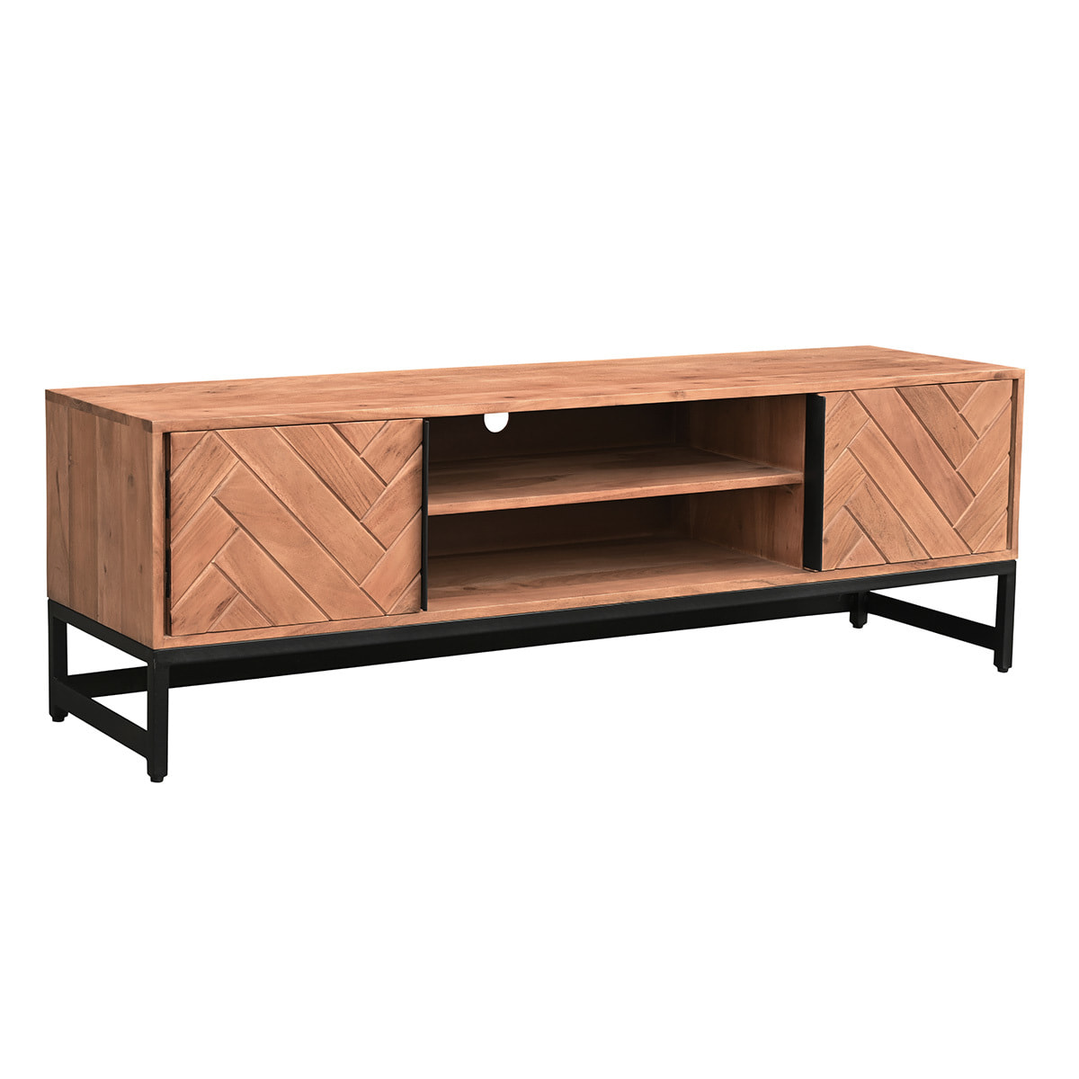 Meuble TV à motifs chevrons en bois massif et métal noir L158 cm STICK