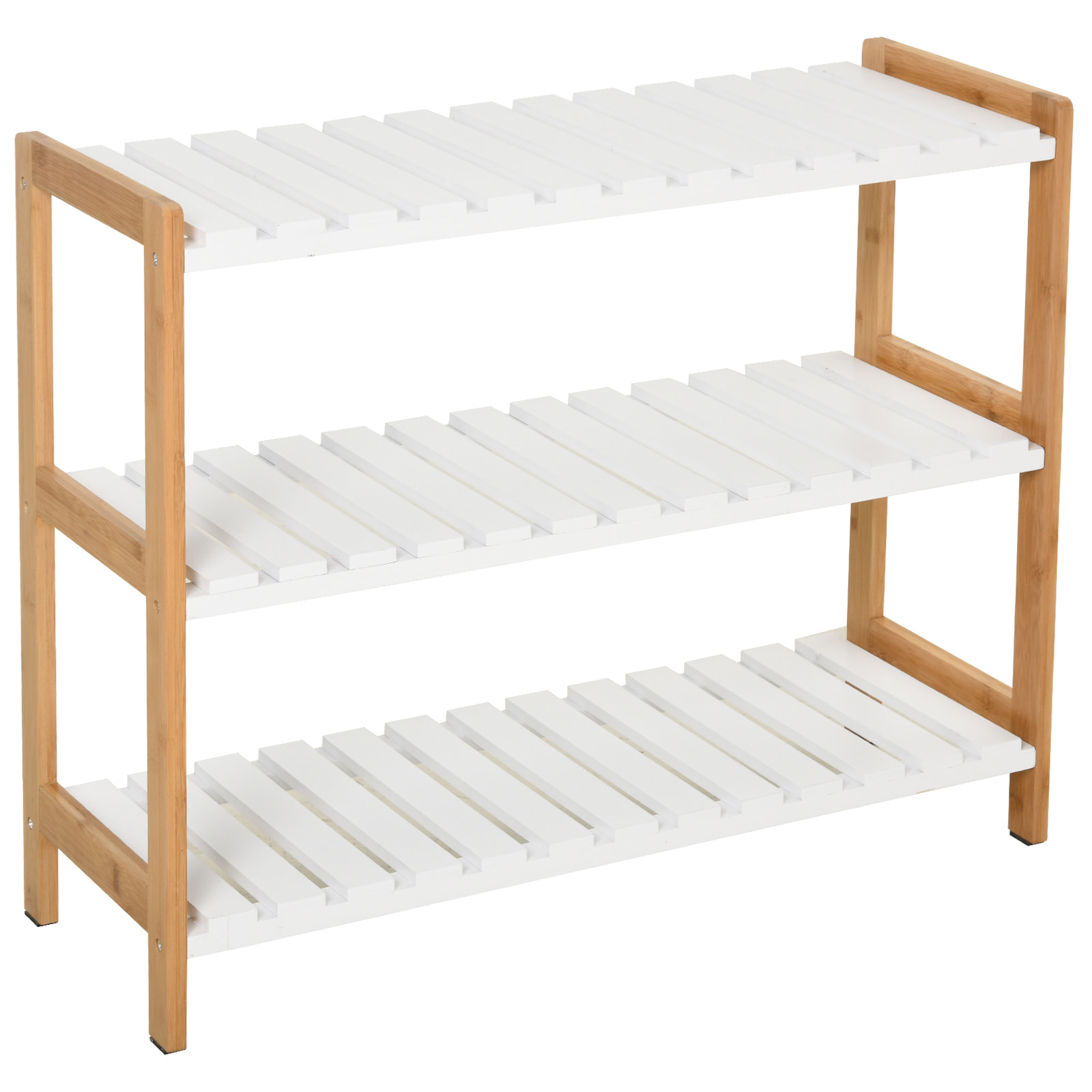 Etagère à chaussures, étagère de rangement, meuble chaussures 3 niveaux bambou MDF blanc