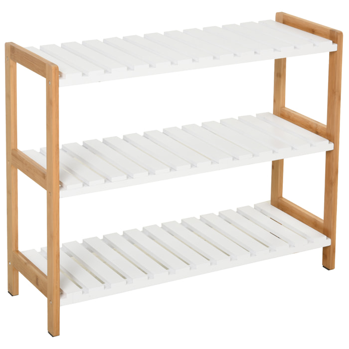Etagère à chaussures, étagère de rangement, meuble chaussures 3 niveaux bambou MDF blanc