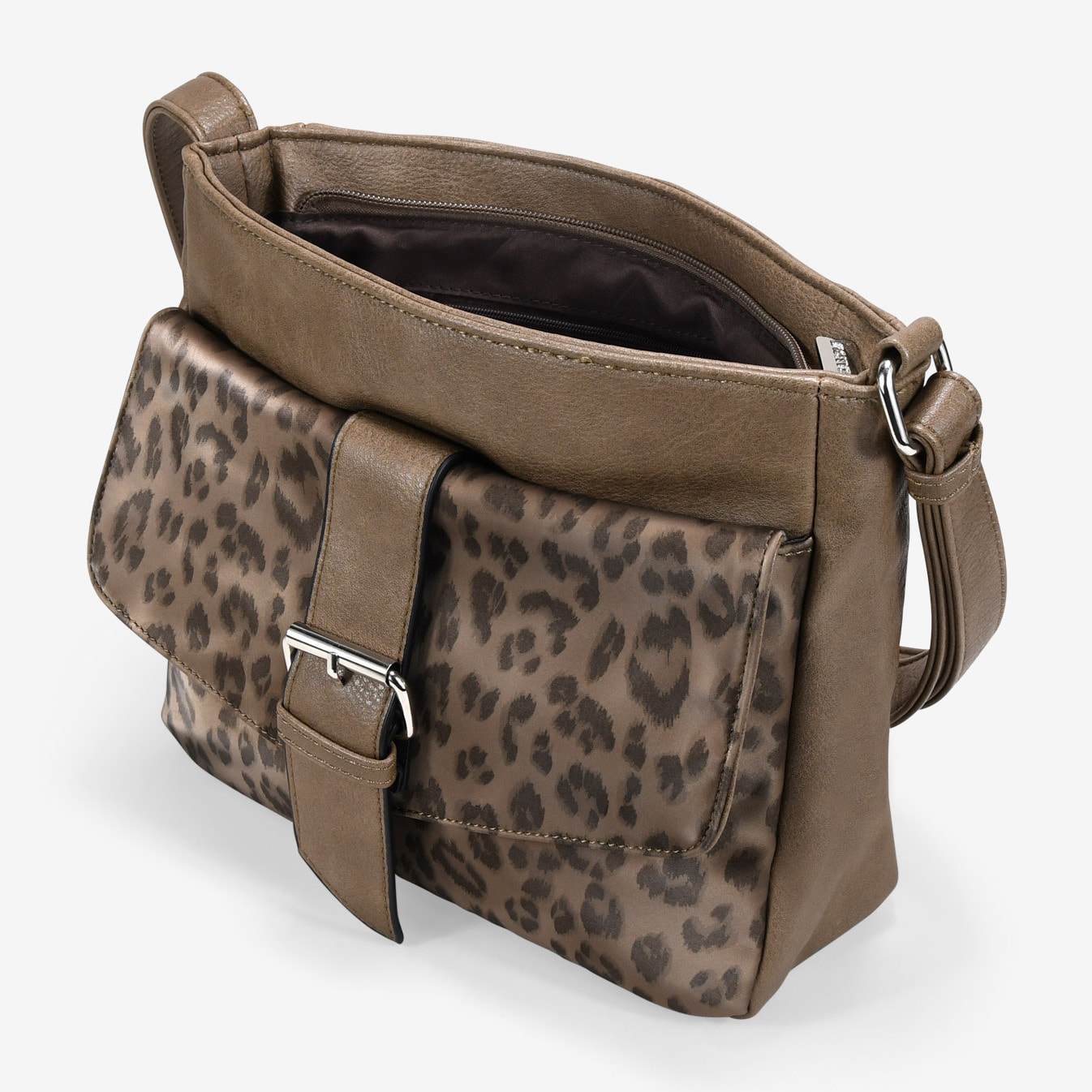 Bolso bandolera marrón con solapa efecto leopardo