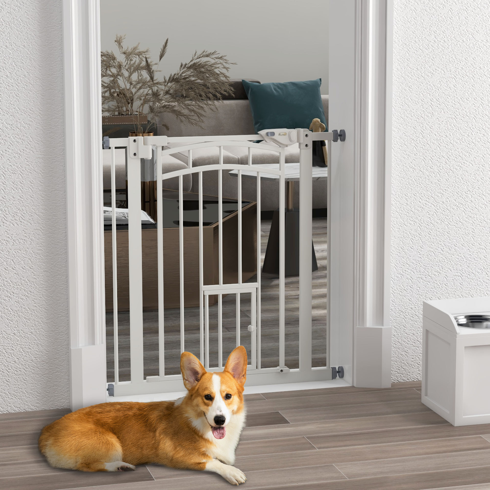 Barrera de Seguridad para Perros Extensible 74-80 cm, para Puertas y Escaleras, Barrera para Perros con Montaje a Presión, Puerta Pequeña y Doble Bloqueo, Blanco