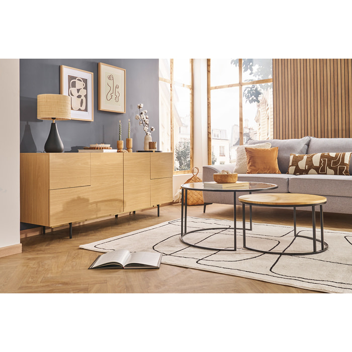 Tables basses gigognes rondes verre trempé, bois manguier massif et métal noir (lot de 2) TAHL