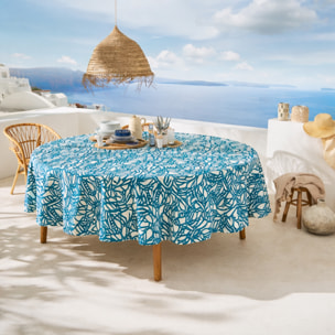 Nappe ronde en coton enduit feuillage abstrait - Bleu