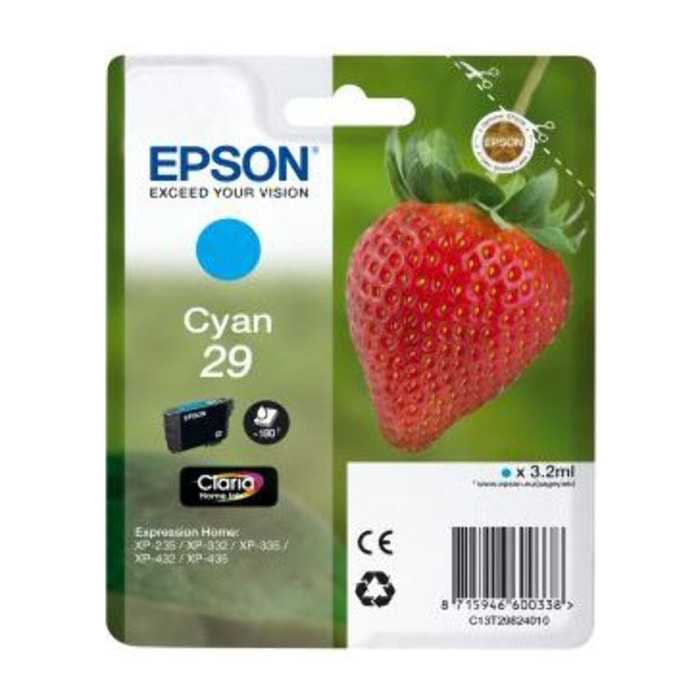 Cartouche d'encre EPSON Originale T2982 Cyan Série Fraise - C13T29824010