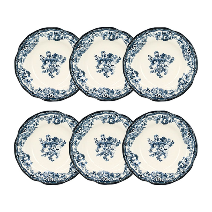 Lot de 6 assiettes creuses fleuries en grès bleu 22cm FAUSTINE