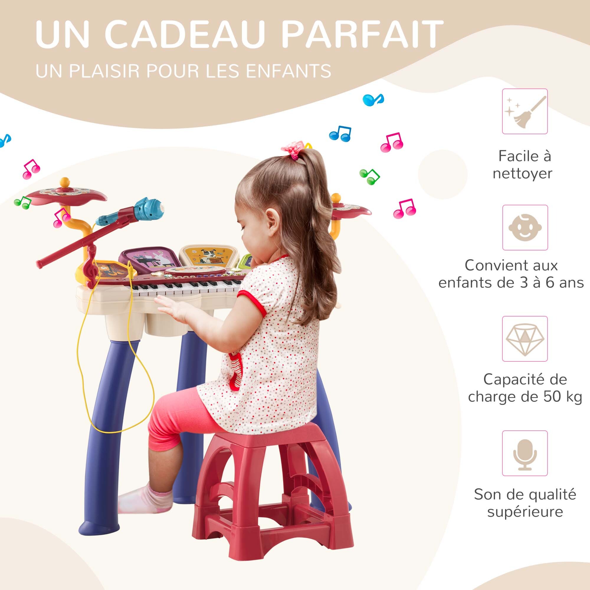 Jouet musical piano électronique batterie 2 en 1 - tabouret, micro et support - clavier 32 touches, effet lumineux, nombreux modes - PP multicolore