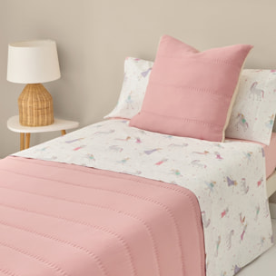 Sábana de algodón percal 180 hilos con estampado de unicornios y princesas Carmis color blanco 100% Algodón percal