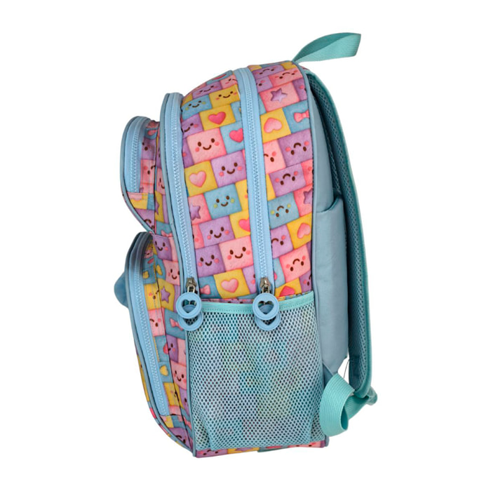 Zaino Primaria Blin Blin Faces a doppio scomparto, di grande capacità e adattabile al carrello. Con accessorio pom pom.