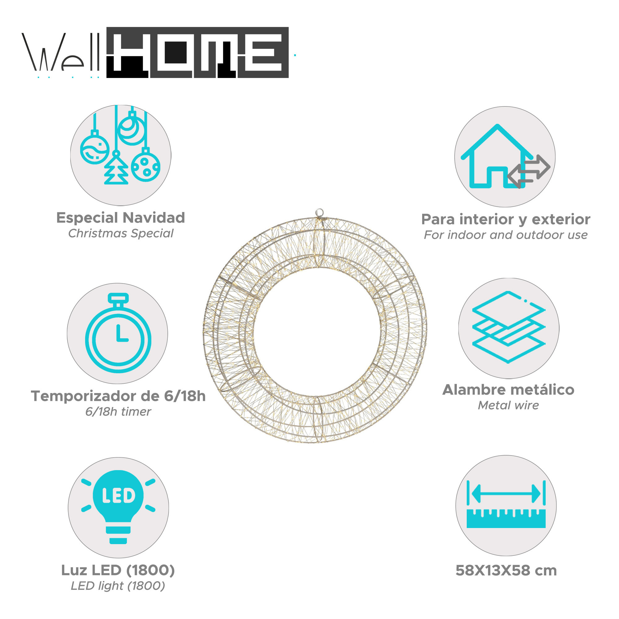 anillo metálico luminoso con 1800 micro led blanco cálido 58x13x58cm