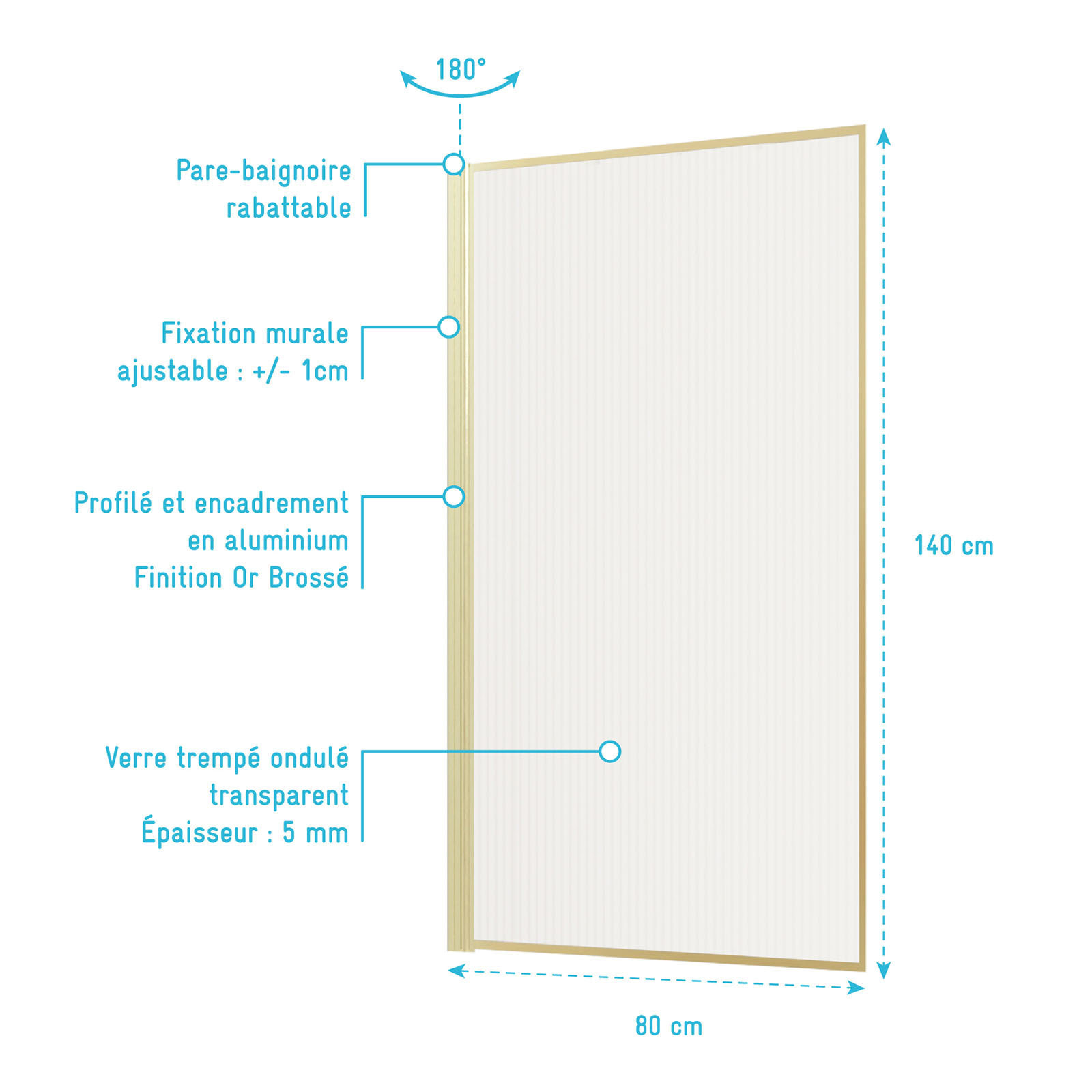 Pare baignoire Rabattable 80x140cm - Profilé Or Doré Brossé - Verre Trempé Ondulé 5mm