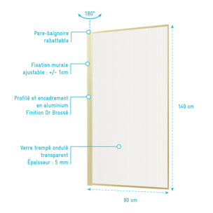 Pare baignoire Rabattable 80x140cm - Profilé Or Doré Brossé - Verre Trempé Ondulé 5mm