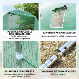 Invernadero de Exterior Invernadero de Túnel 8x3x2 m Invernadero de Jardín con 12 Ventanas y Puerta Enrollable para Cultivo Plantas Tomates Verduras Acero y PE 140 g/m² Verde