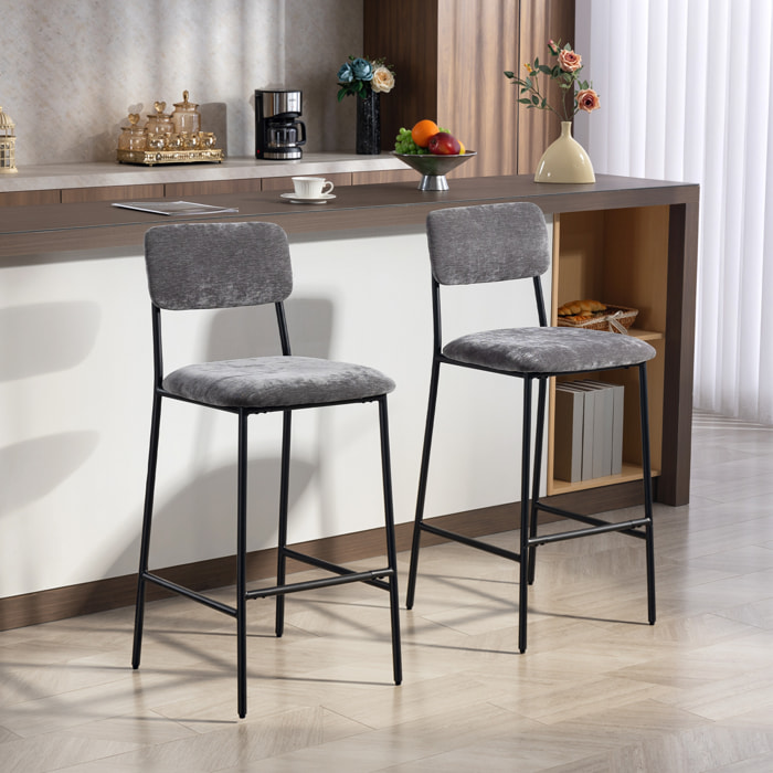 Lot de 2 tabourets de bar style vintage assise large dossier haut acier noir tissu chenille gris