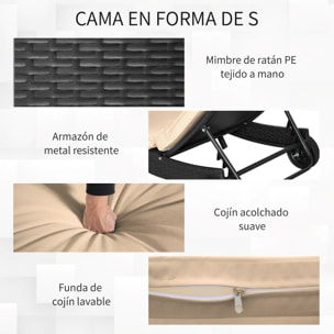 Tumbona de Ratán Reclinable Tumbona de Jardín en Forma de S con 2 Ruedas Respaldo Ajustable en 5 Posiciones y Cojín Extraíble para Patio Terraza 207x70x70 cm Negro y Beige